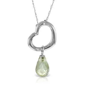 14K Solid White Gold Heart Necklace w/ Dangling Natural Green Amethyst