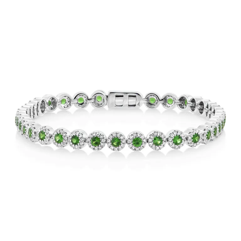 14K White Gold Diamond and Green Garnet Tennis Bracelet