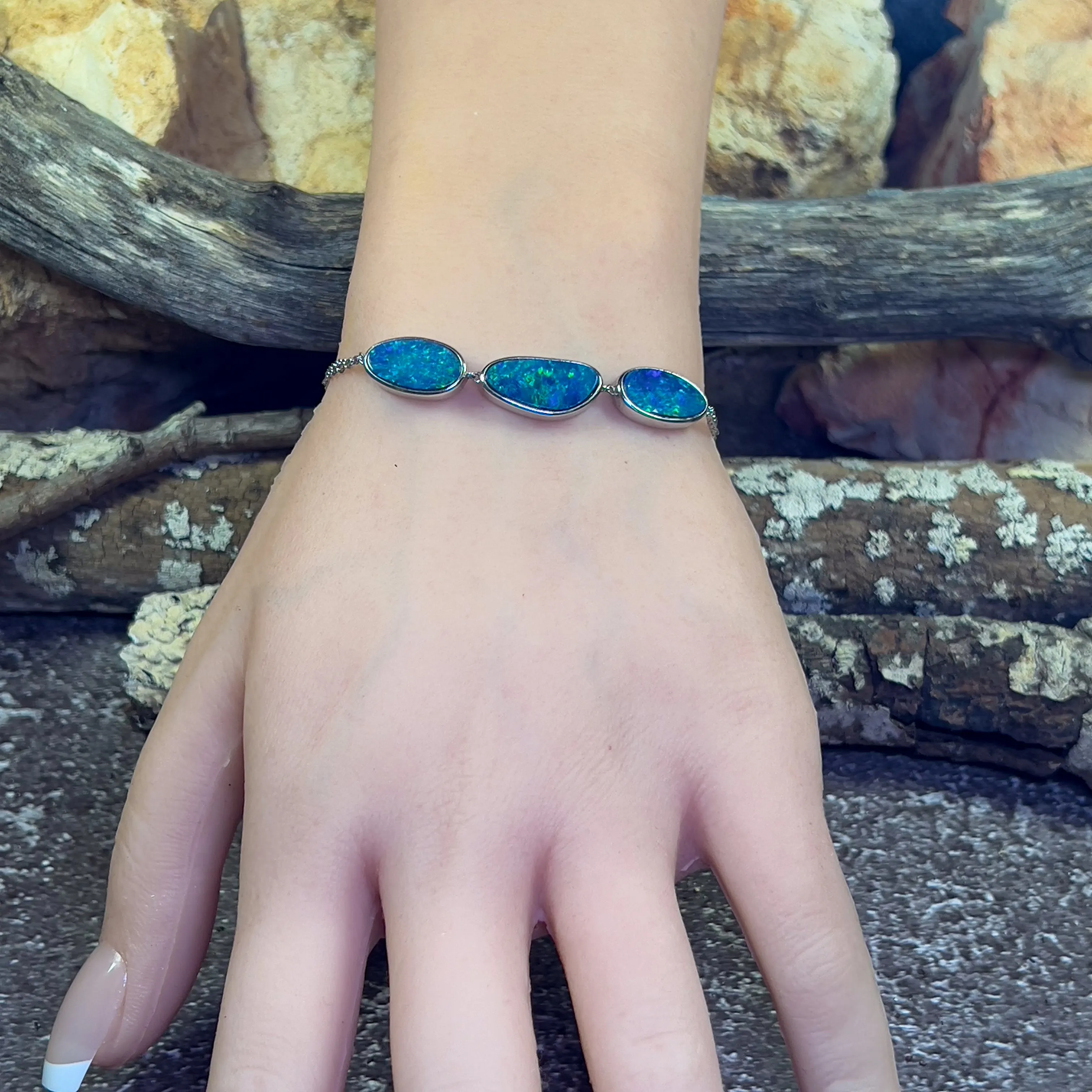 14kt White gold 3 freeform Blue Green Opal doublet bracelet