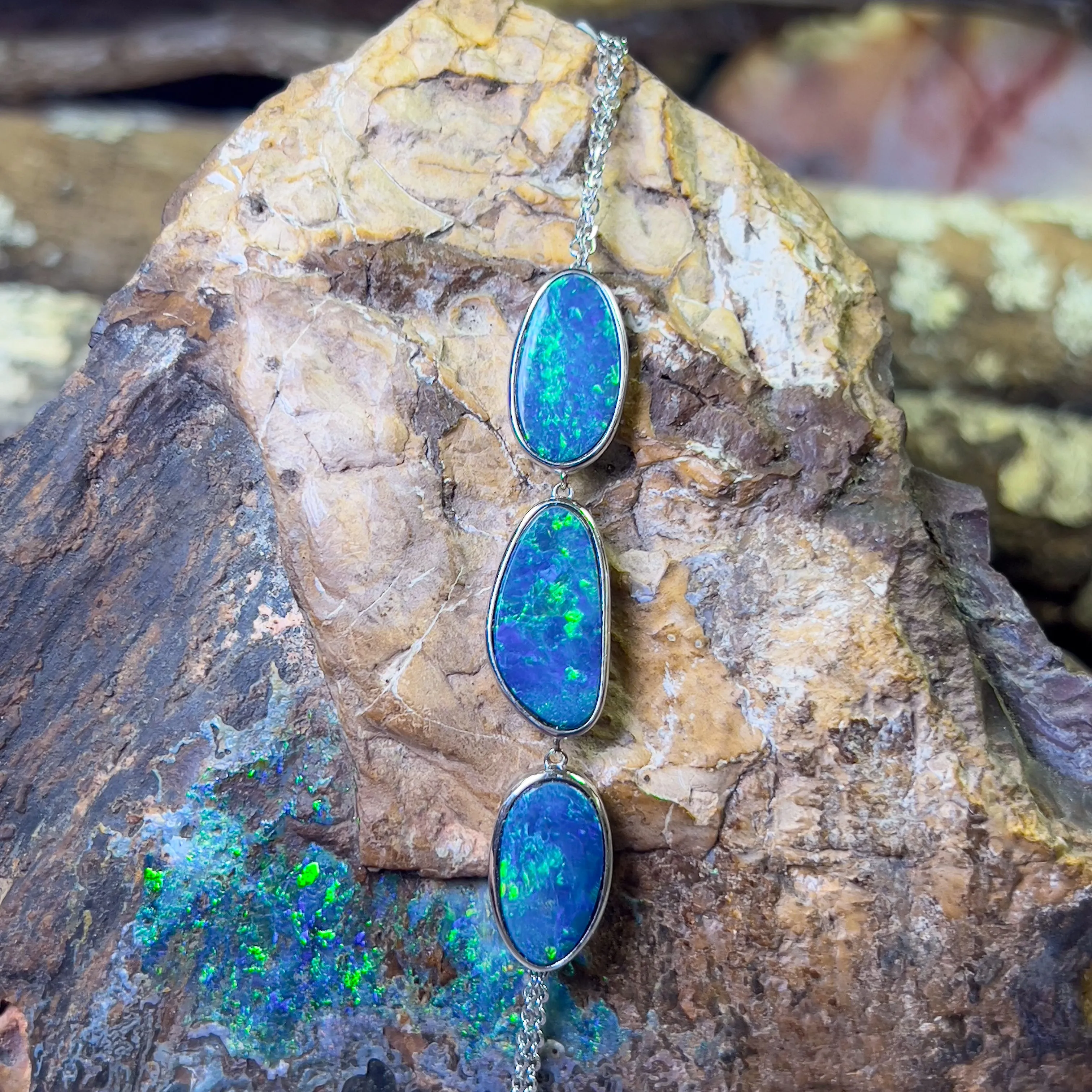 14kt White gold 3 freeform Blue Green Opal doublet bracelet