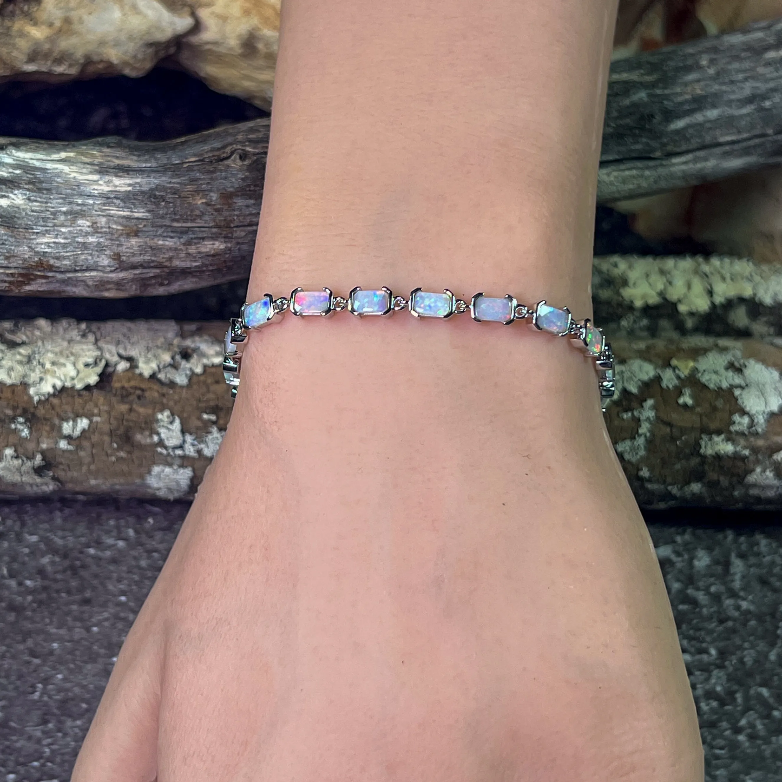 14kt White Gold rectangular Crystal Opals half bezel set bracelet 21cm