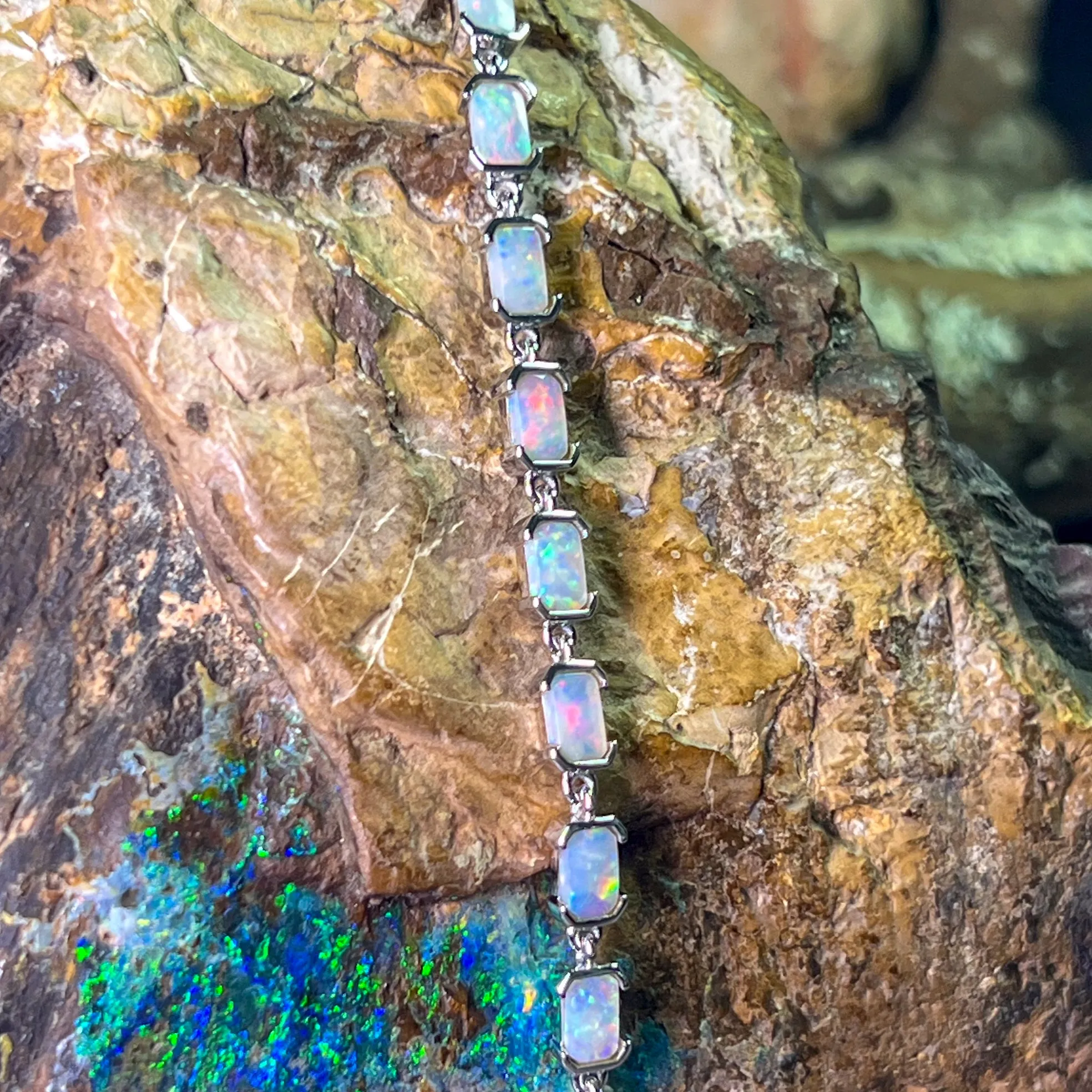 14kt White Gold rectangular Crystal Opals half bezel set bracelet 21cm