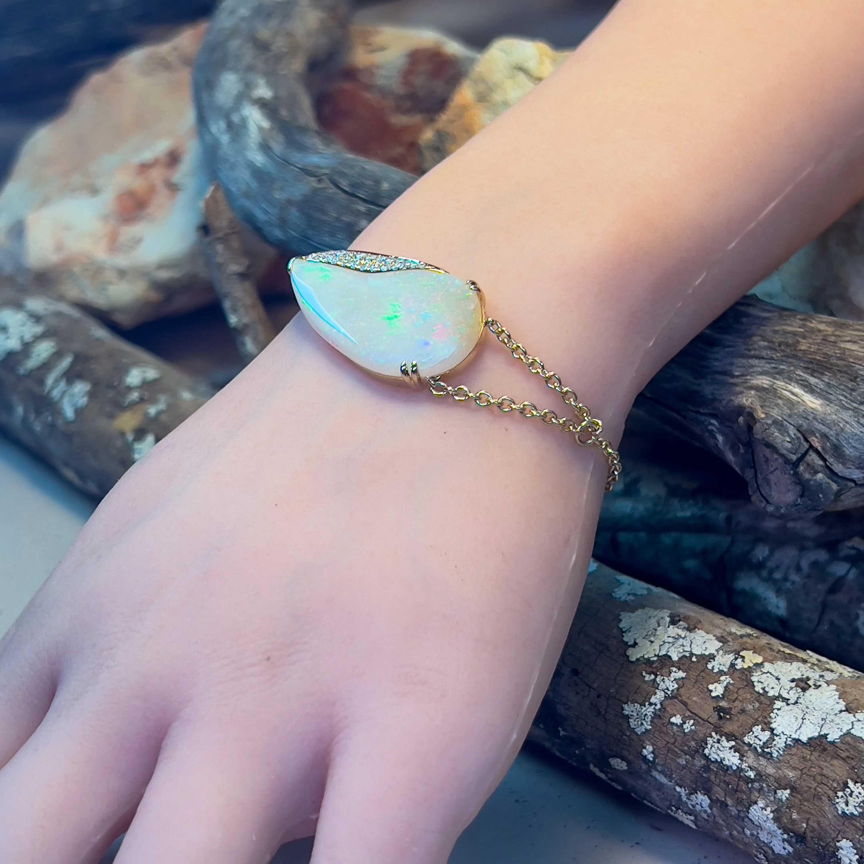 14KT Yellow Gold Large White Opal bracelet and diamonds