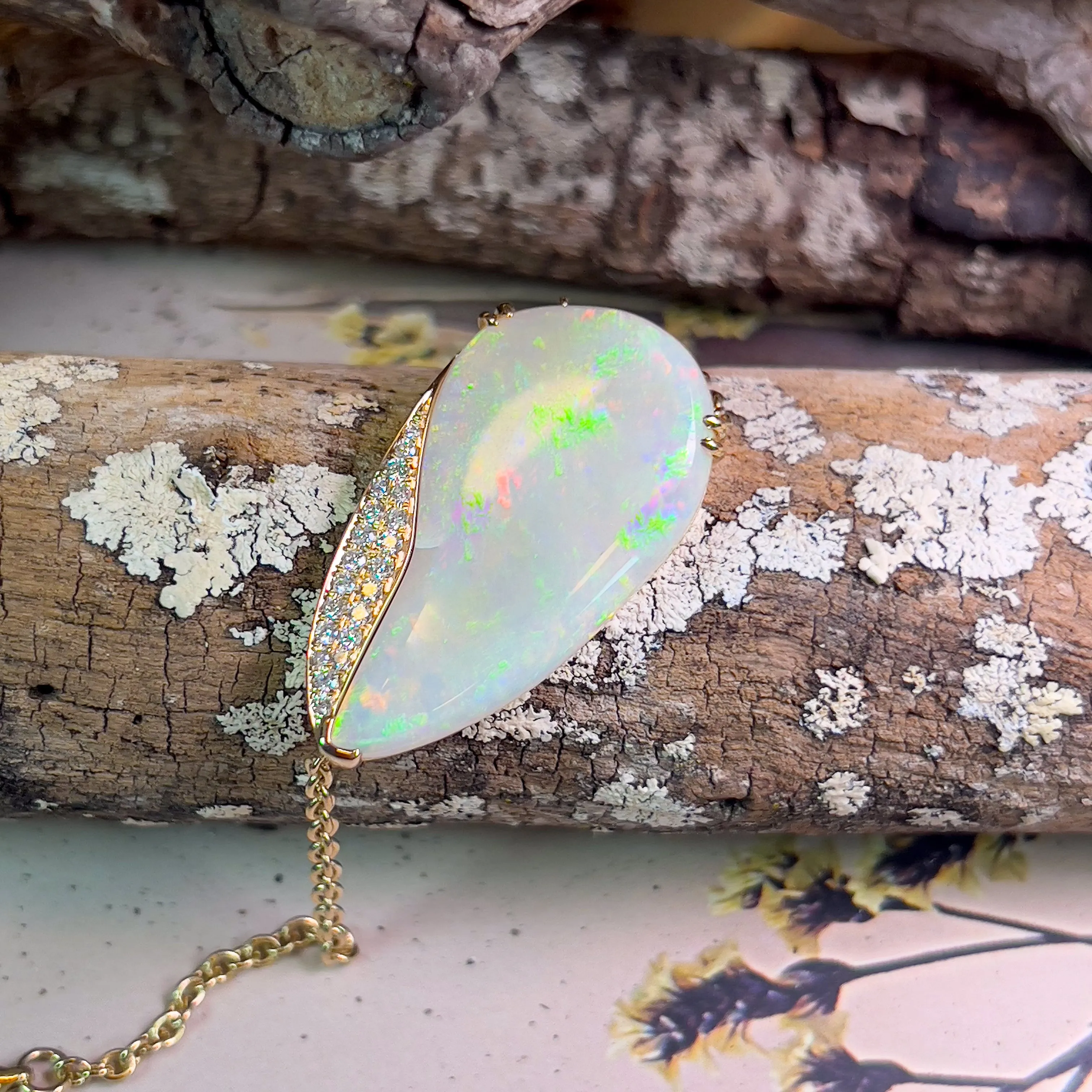 14KT Yellow Gold Large White Opal bracelet and diamonds