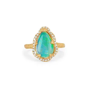 18k One of A Kind Water Drop Premium Blue Opal Queen Ring with Pavé Diamond Halo | Ready to Ship