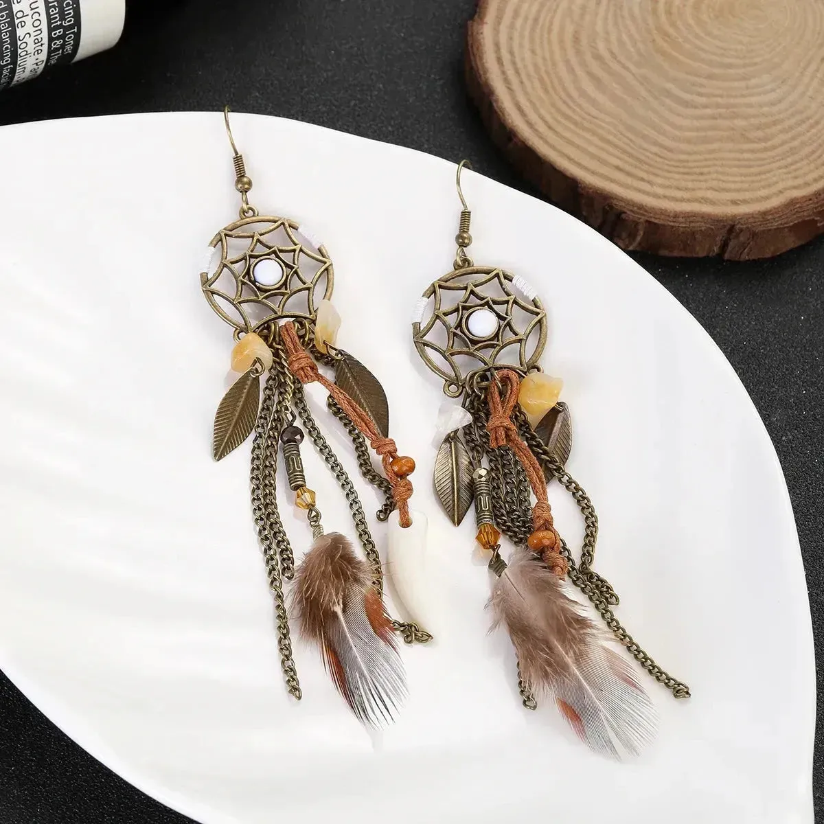 2pcs Bohemia Women's Hollow Dream Catcher Feather Tassel Earrings Sets Retro All