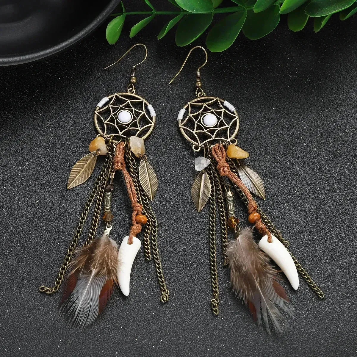 2pcs Bohemia Women's Hollow Dream Catcher Feather Tassel Earrings Sets Retro All