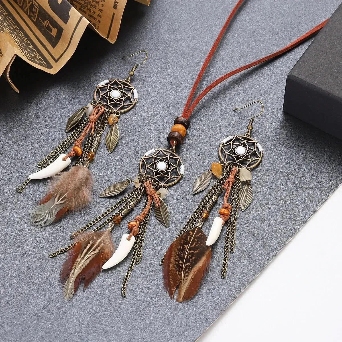 2pcs Bohemia Women's Hollow Dream Catcher Feather Tassel Earrings Sets Retro All