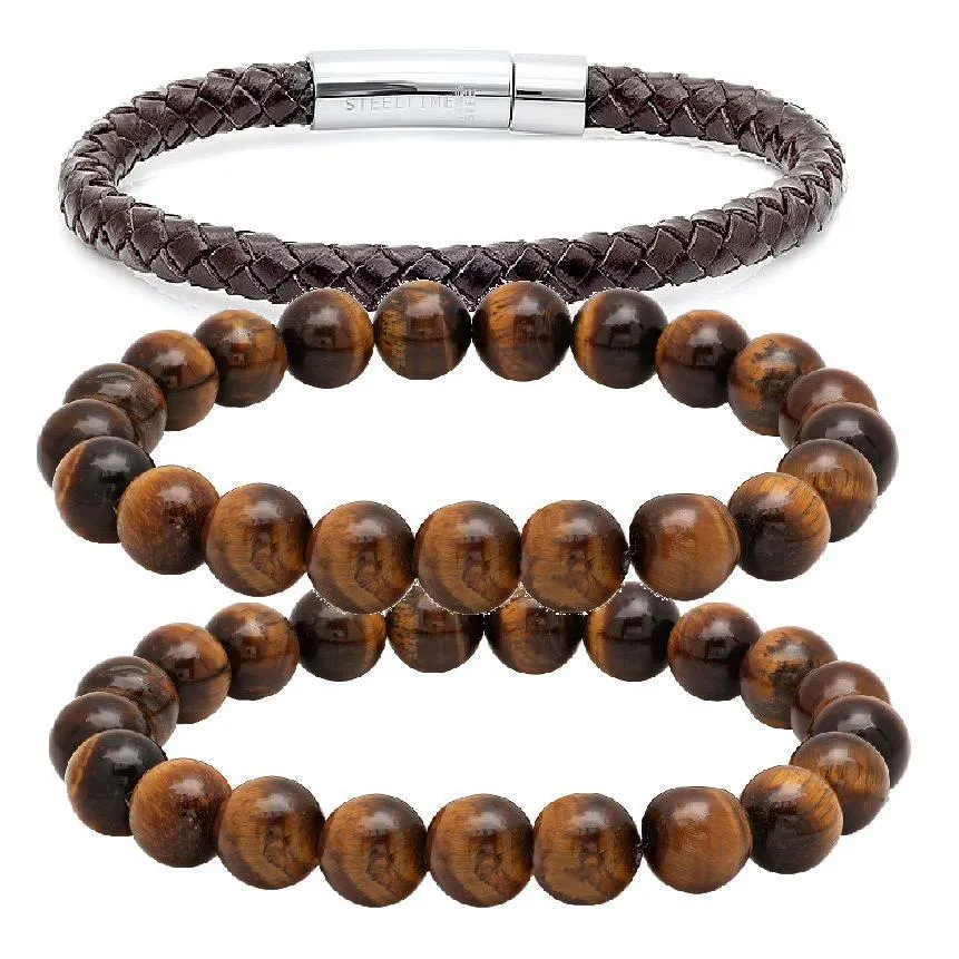 3-Piece Set: Brown Leather Stainless Steel & Genuine Tiger Eye Beaded Bracelet Set