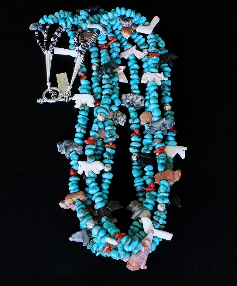 38-Piece Amulet Necklace with 4 Strands of Campitos Turquoise Nuggets, Cupolini Stick, Oyster Shell Heishi, and Sterling Silver Beads, Cones and Toggle Clasp