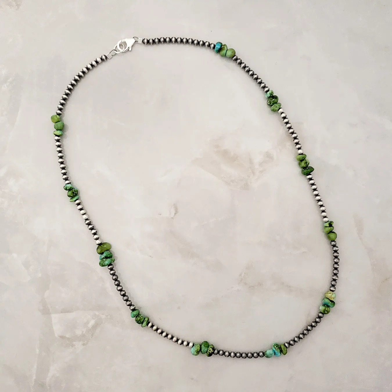 3mm Navajo Pearls & Green Sonoran Gold Turquoise Chip Necklace Sterling Silver