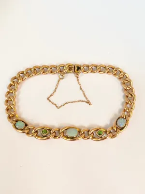 7 inch, Antique 9ct Gold Curb Chain Bracelet with Green (Demantoid) Garnet and Opals (8g)