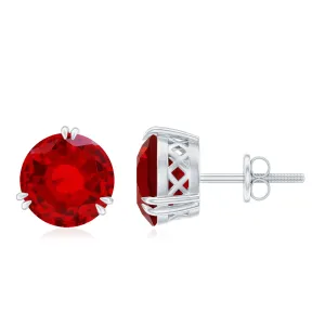 8 MM Lab Created Ruby Solitaire Silver Stud Earrings for Women