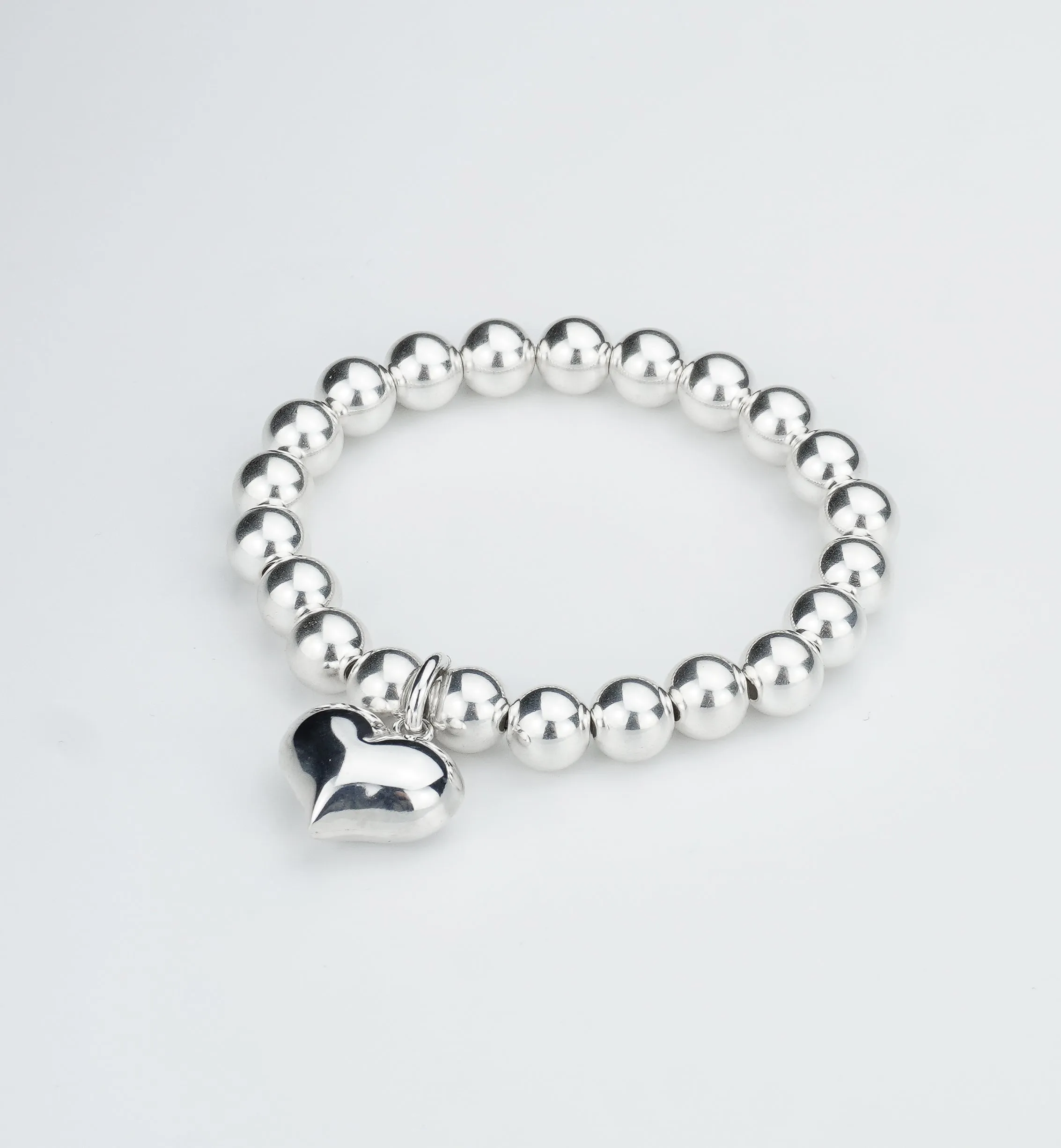 925 Sterling Silver XL Puff Heart Charm Bracelet on 8mm, Sterling Silver Heart Charm Bracelet, 925 Sterling Silver Stretch Bracelet, Stacked Bracelets