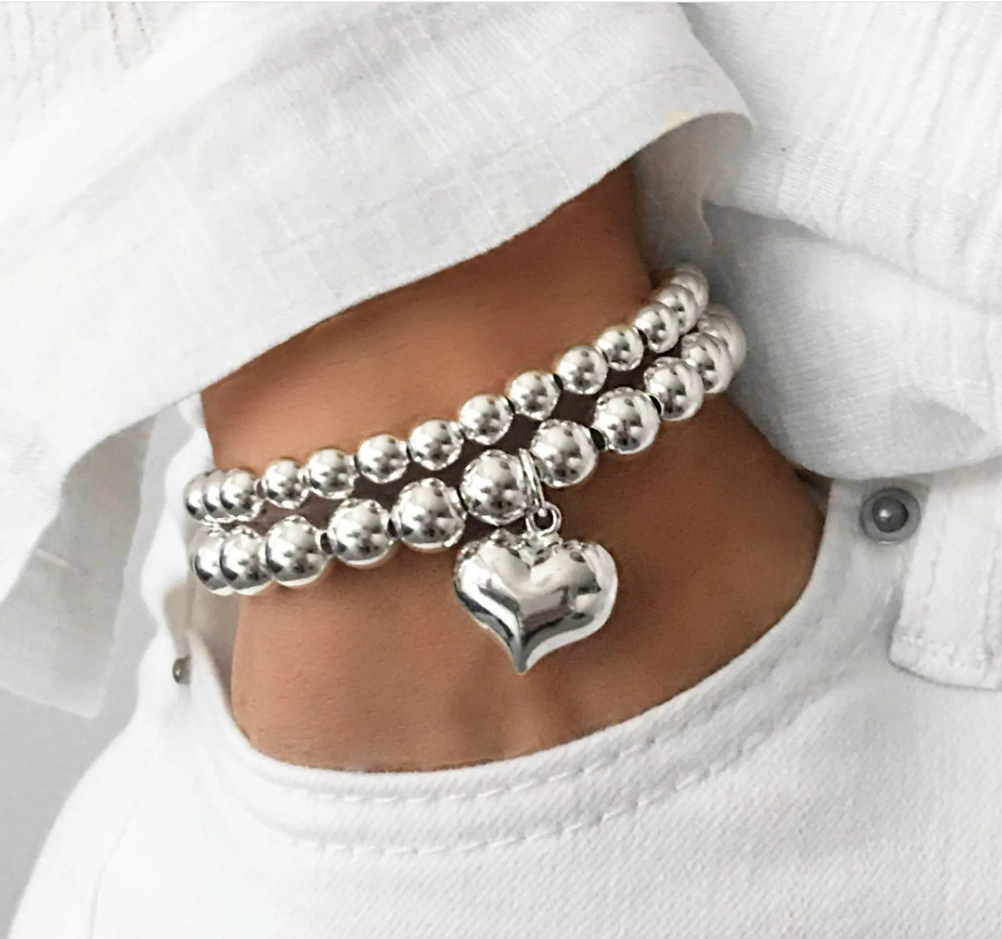 925 Sterling Silver XL Puff Heart Charm Bracelet on 8mm, Sterling Silver Heart Charm Bracelet, 925 Sterling Silver Stretch Bracelet, Stacked Bracelets