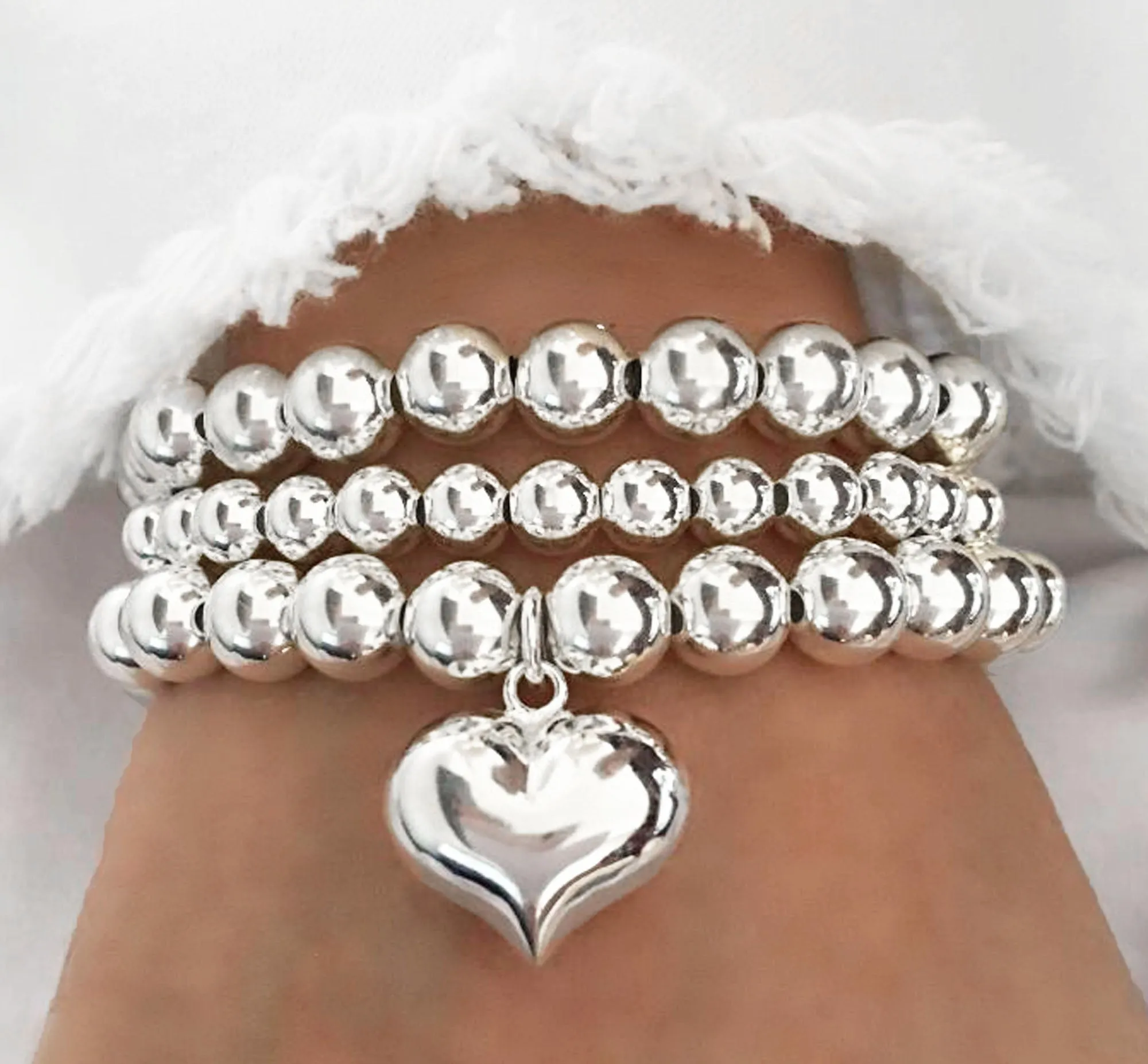 925 Sterling Silver XL Puff Heart Charm Bracelet on 8mm, Sterling Silver Heart Charm Bracelet, 925 Sterling Silver Stretch Bracelet, Stacked Bracelets