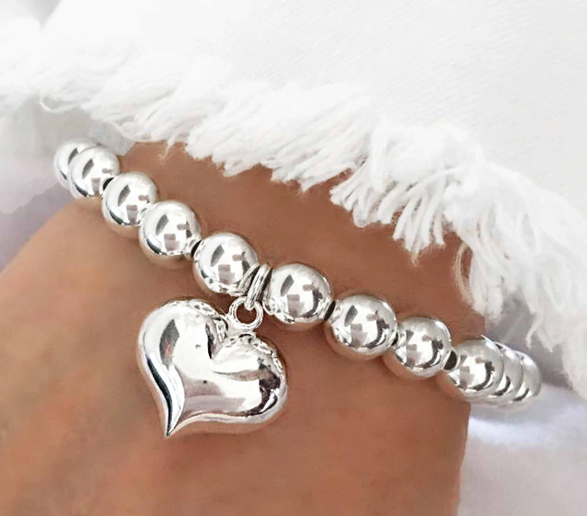 925 Sterling Silver XL Puff Heart Charm Bracelet on 8mm, Sterling Silver Heart Charm Bracelet, 925 Sterling Silver Stretch Bracelet, Stacked Bracelets