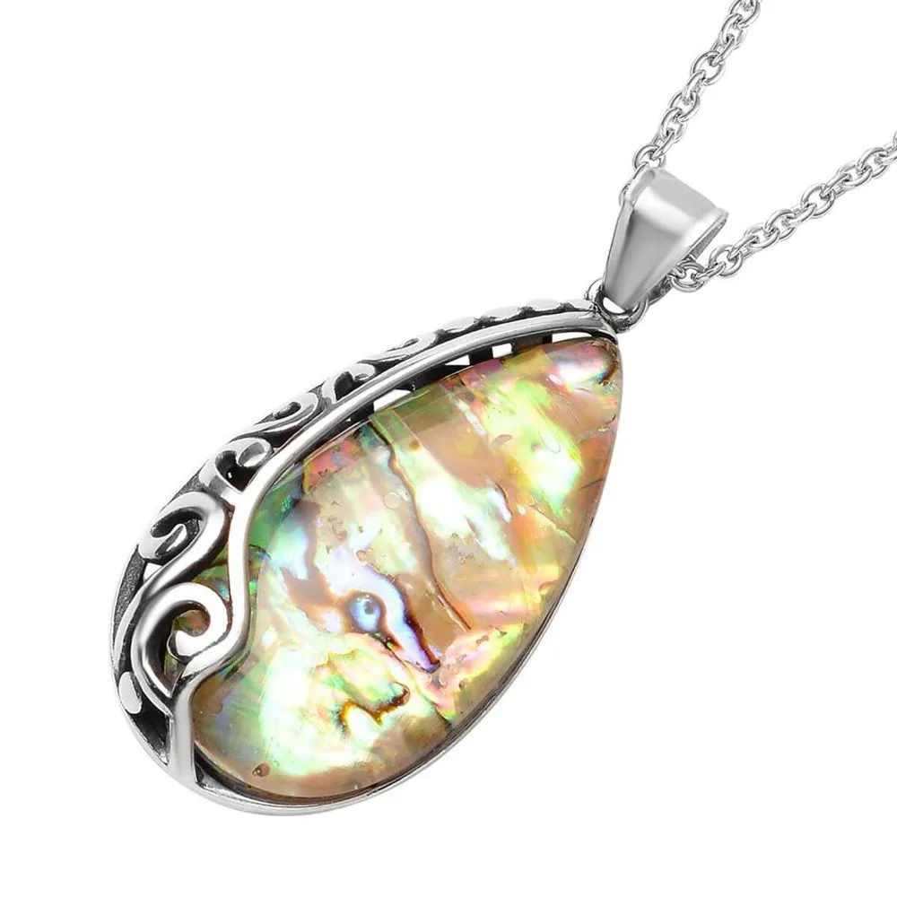 Abalone Shell Necklace Pendant Fashion Jewelry Birthday Mothers Day Gifts for Mom for Her 20" in Black Oxidized Stainless Steel