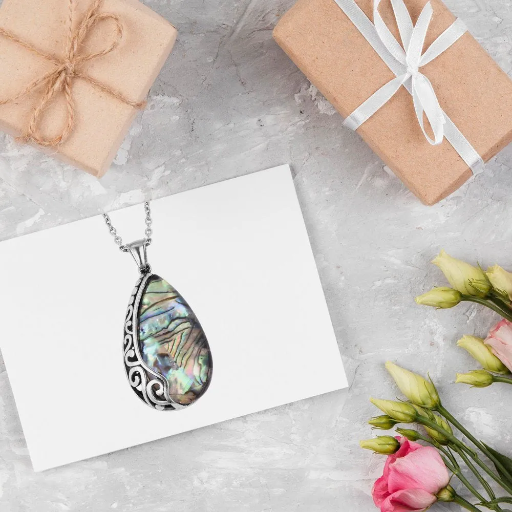 Abalone Shell Necklace Pendant Fashion Jewelry Birthday Mothers Day Gifts for Mom for Her 20" in Black Oxidized Stainless Steel