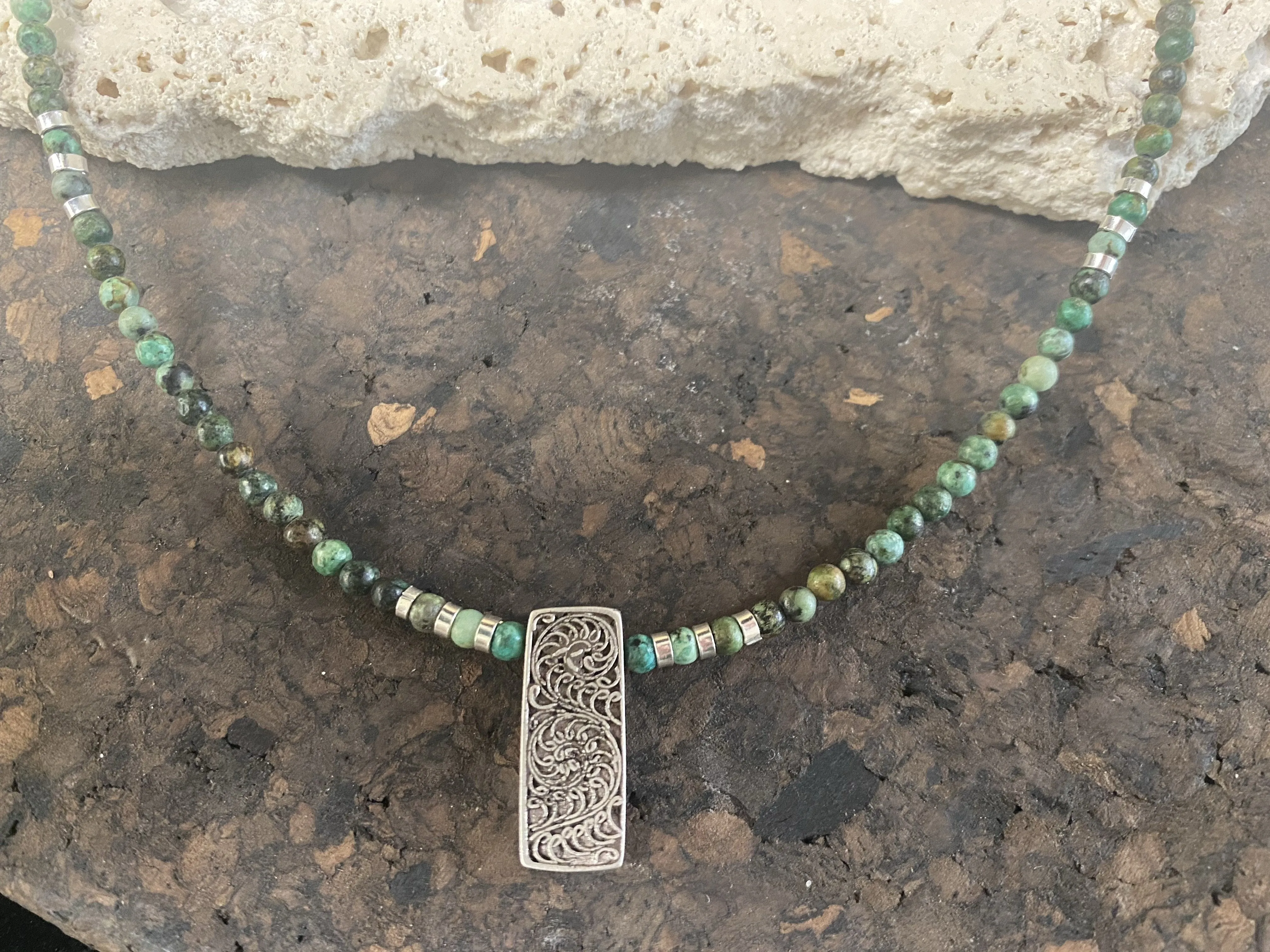 African Turquoise And Vintage Silver Pendant Necklace