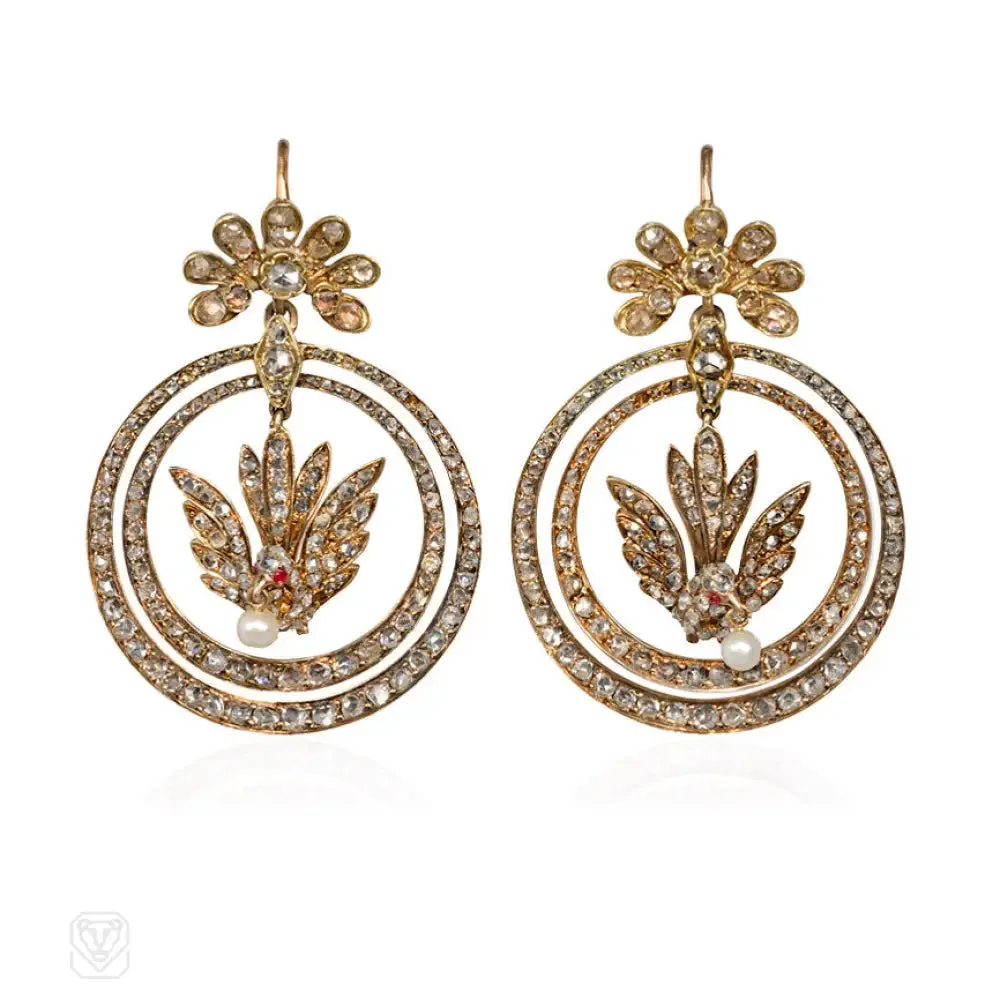 Antique diamond hoop and bird earrings, France.