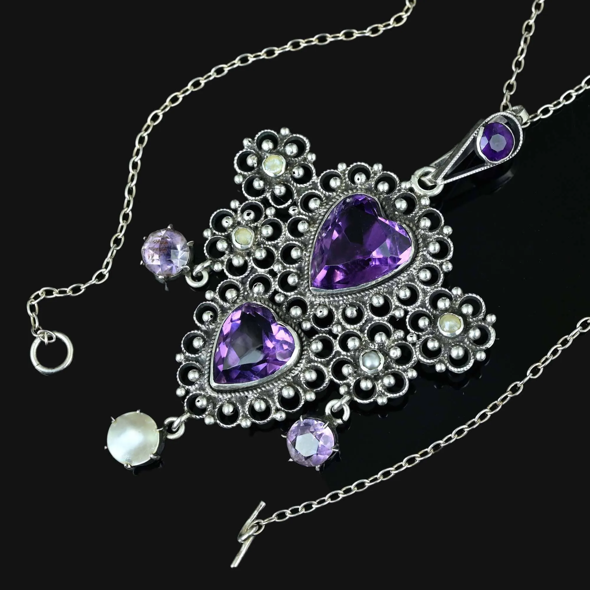 Antique Silver Filigree Pearl Amethyst Heart Necklace