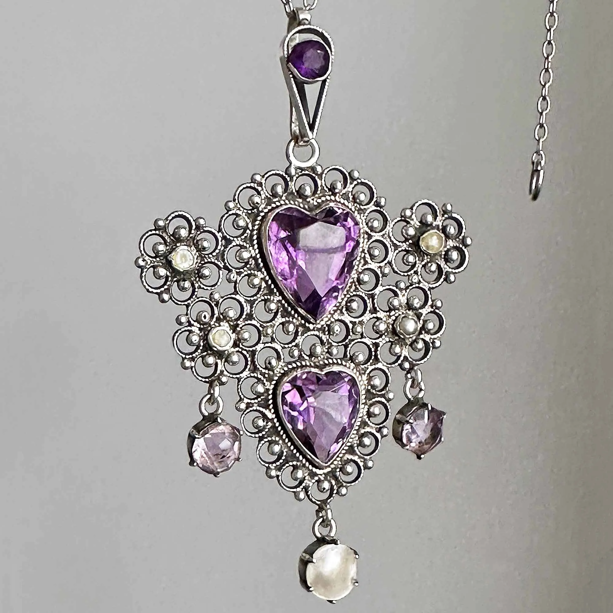 Antique Silver Filigree Pearl Amethyst Heart Necklace