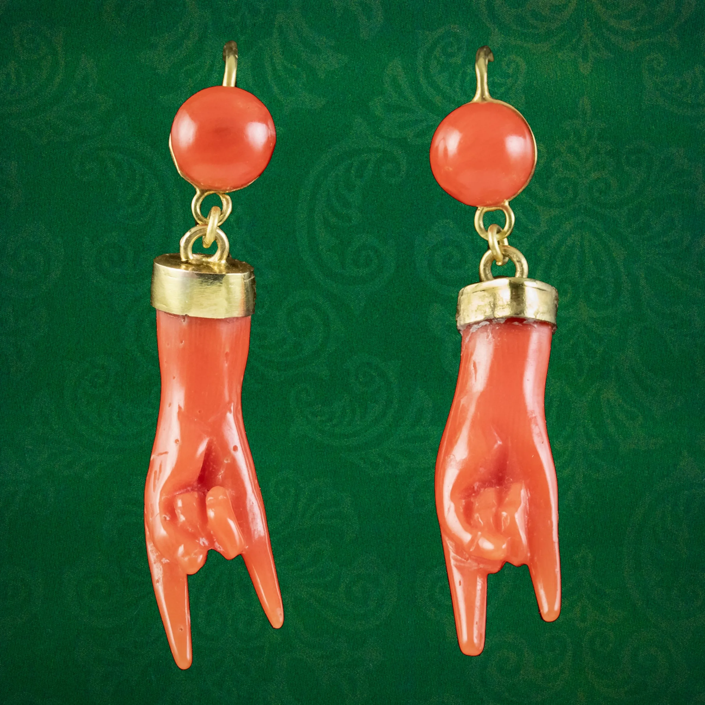 Antique Victorian Corna Coral Hand Earrings 18ct Gold