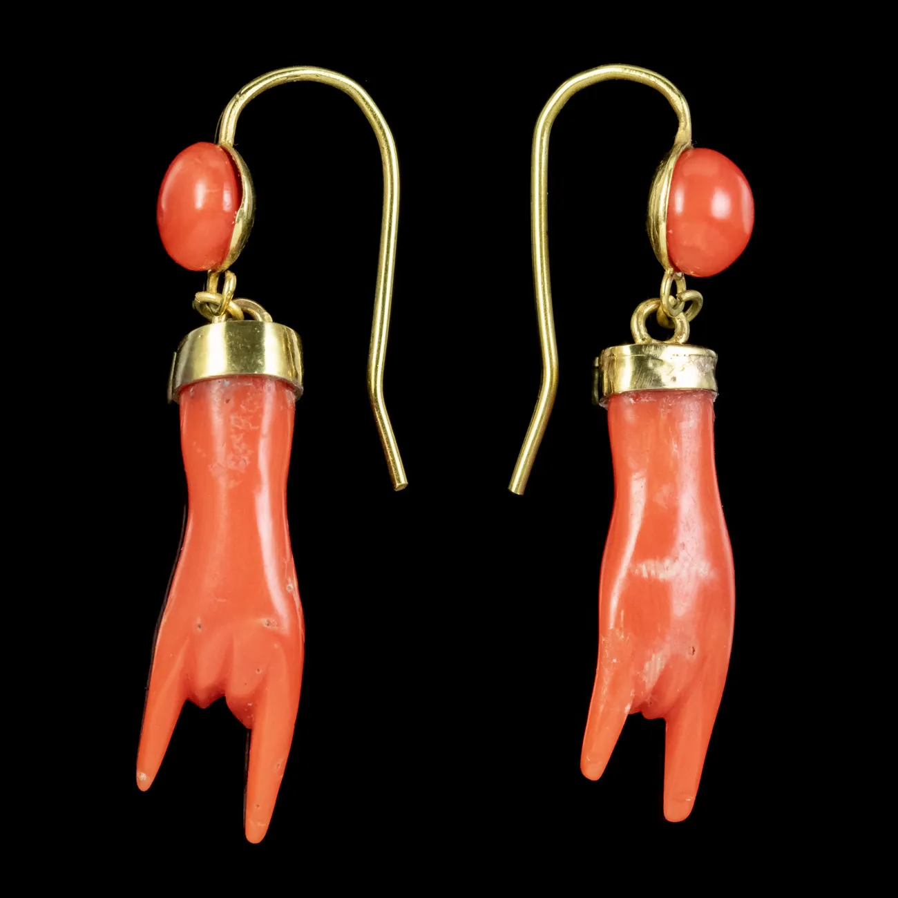 Antique Victorian Corna Coral Hand Earrings 18ct Gold