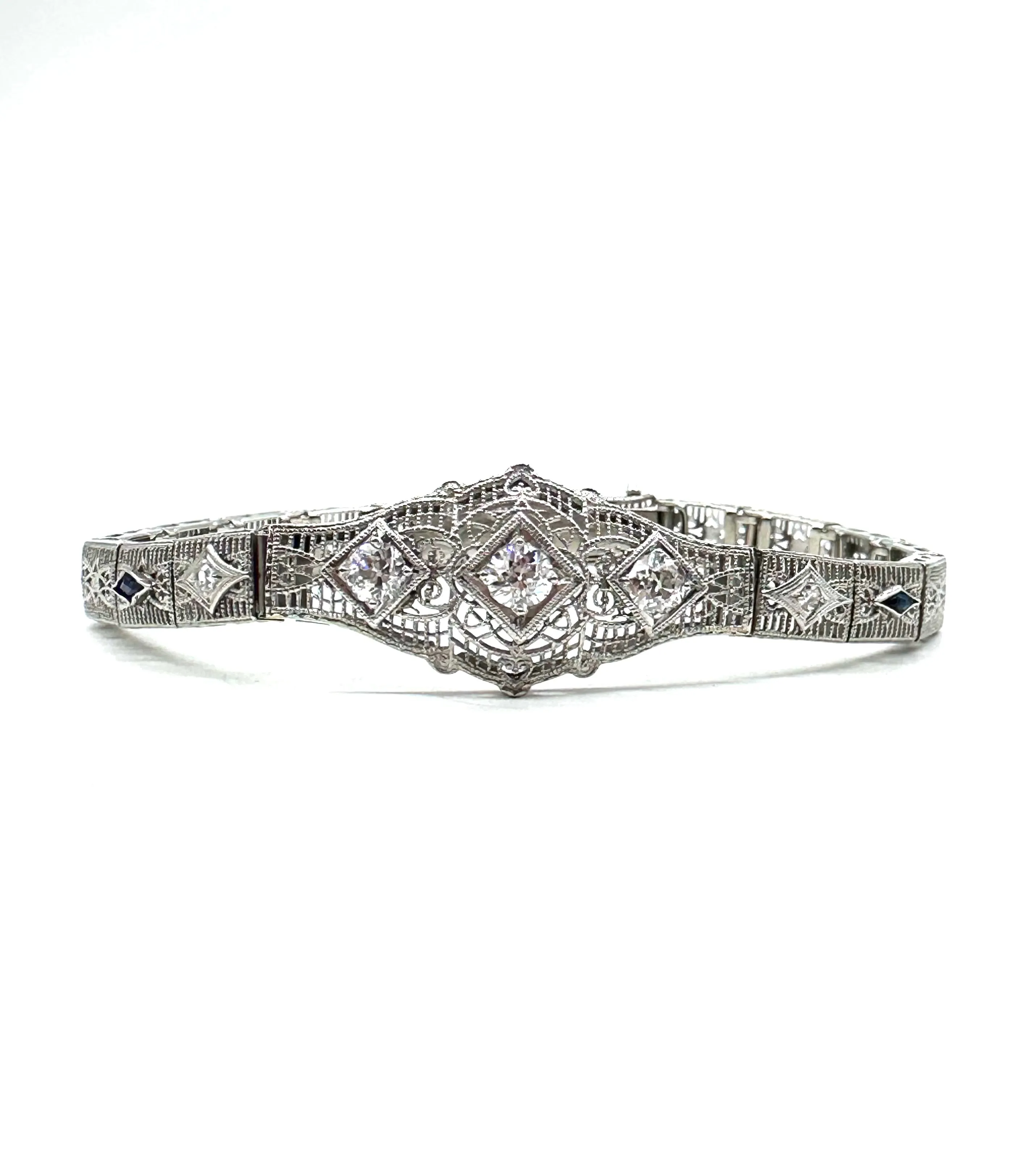 Art Deco filigree mine cut diamond and sapphire antique bracelet