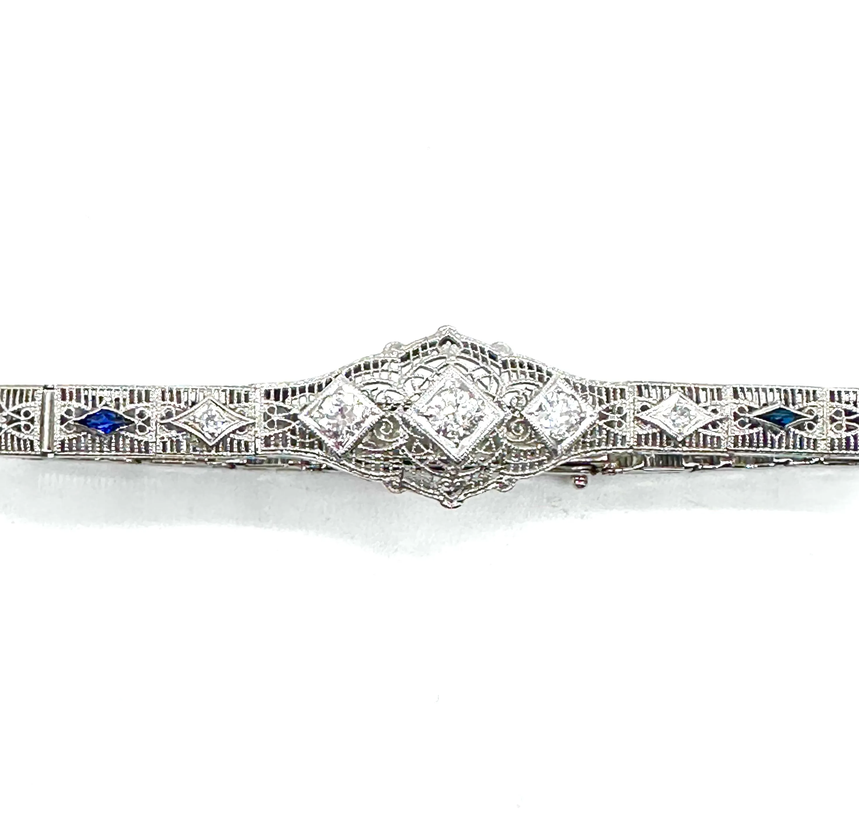 Art Deco filigree mine cut diamond and sapphire antique bracelet