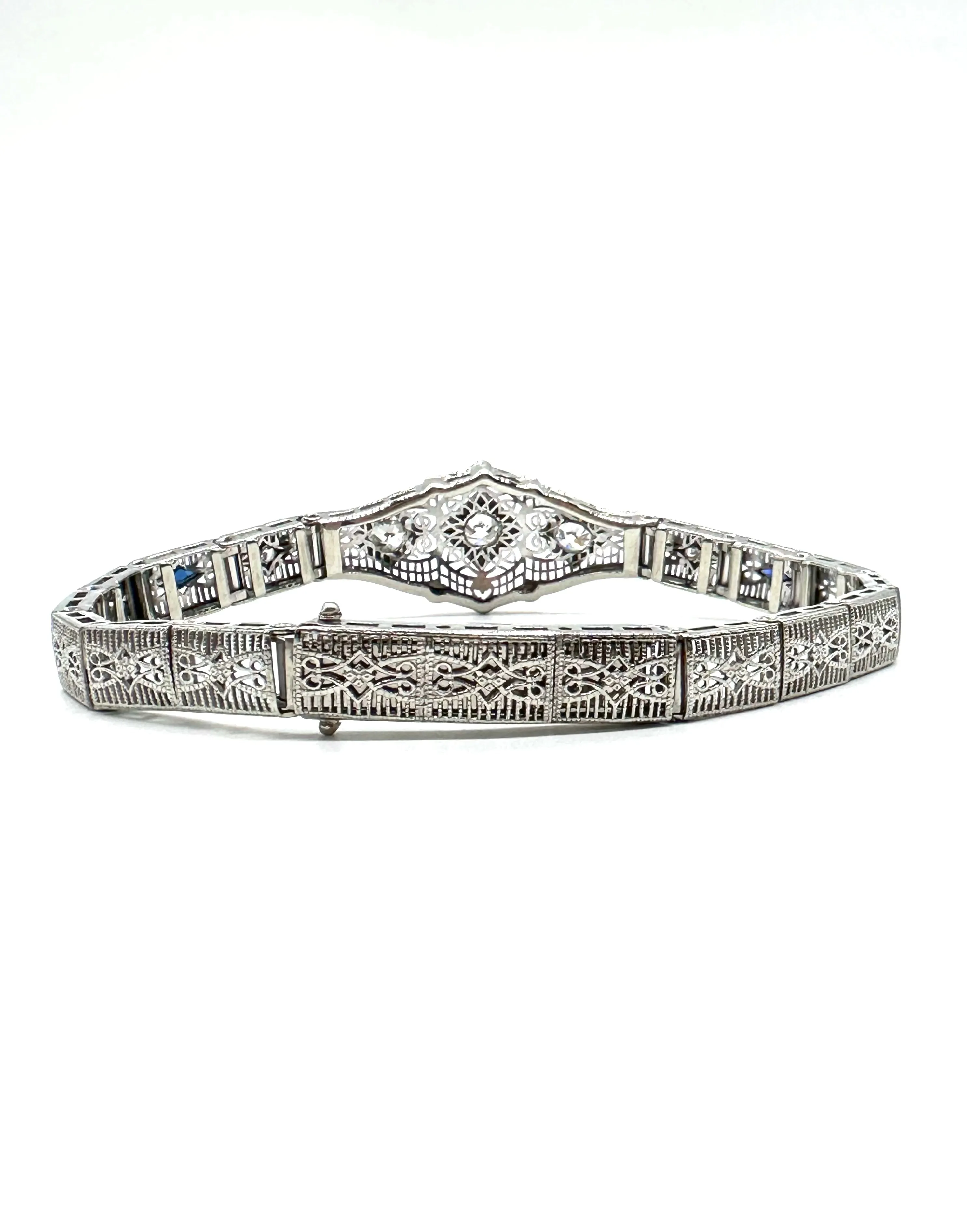 Art Deco filigree mine cut diamond and sapphire antique bracelet