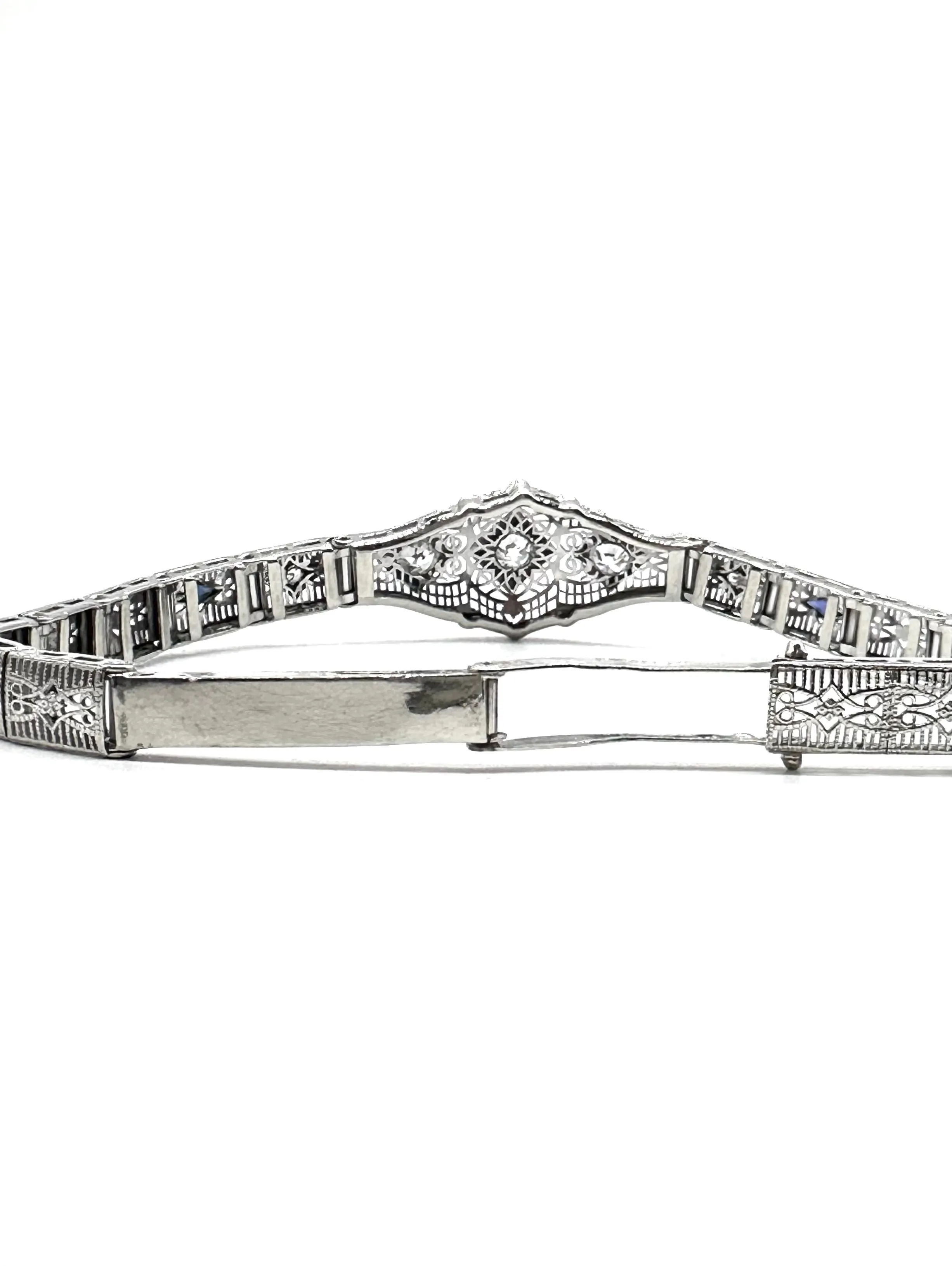 Art Deco filigree mine cut diamond and sapphire antique bracelet