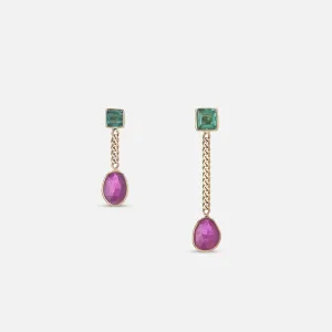 Asymmetrical Curb Chain Earrings, Ruby