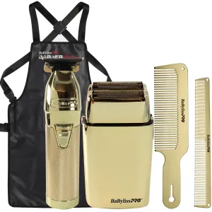 BaByliss Pro LIMITEDFX Collection Trimmer and Double Foil Shaver Gold #FXDUOFS2TG with BaByliss Pro Metal Comb Set 9" and 7.5" Comb Gold   Barber Apron