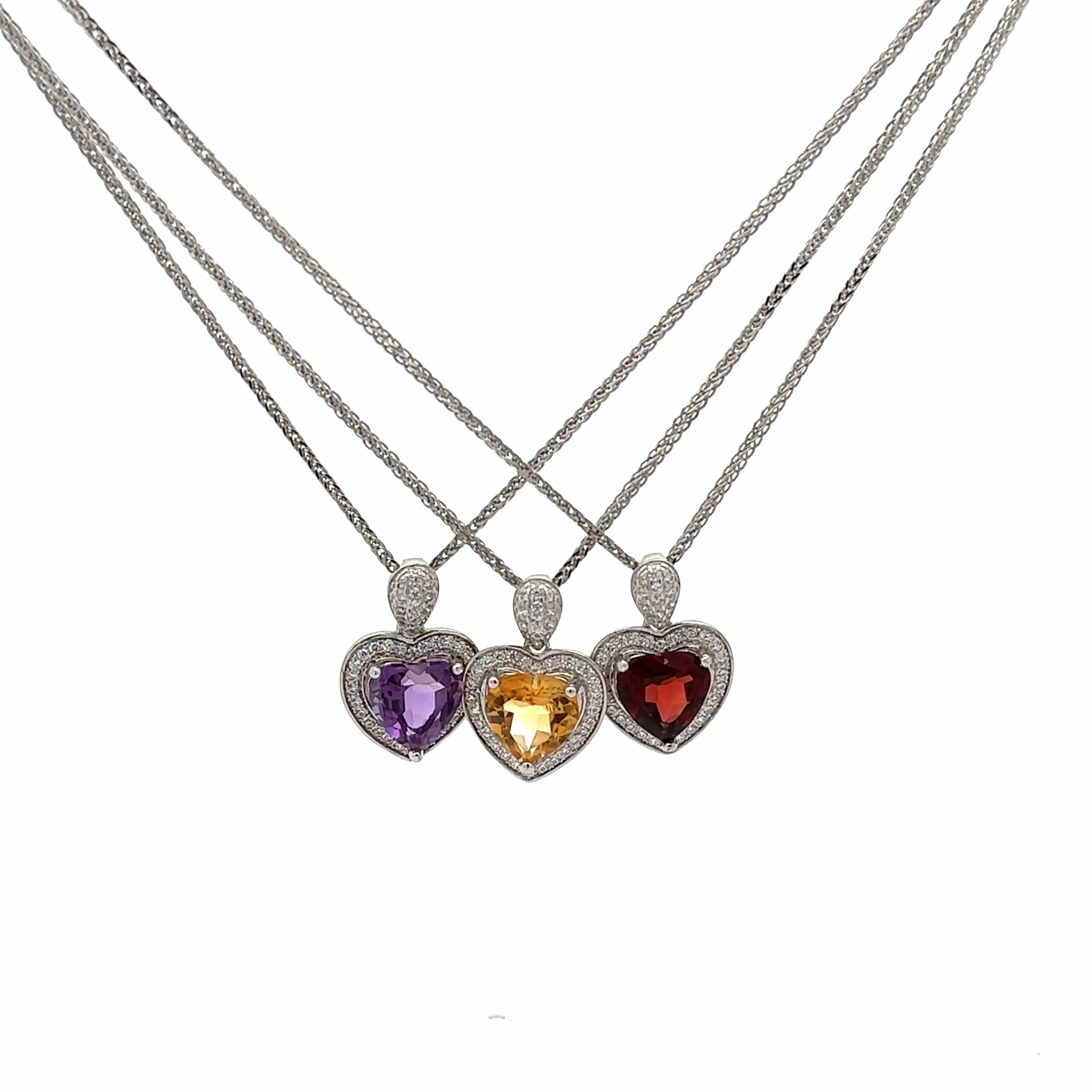 Baikalla™ Classic Heart Sterling Silver Natural Amethyst Citrine Garnet Necklace With CZ