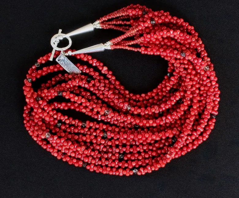 Bamboo Coral 7-Strand Necklace with Czech Glass, Red Pote Beads, and Sterling Silver Cones & Toggle Clasp