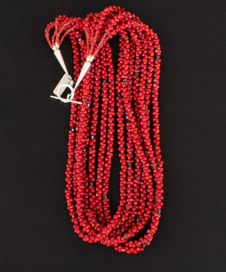 Bamboo Coral 7-Strand Necklace with Czech Glass, Red Pote Beads, and Sterling Silver Cones & Toggle Clasp