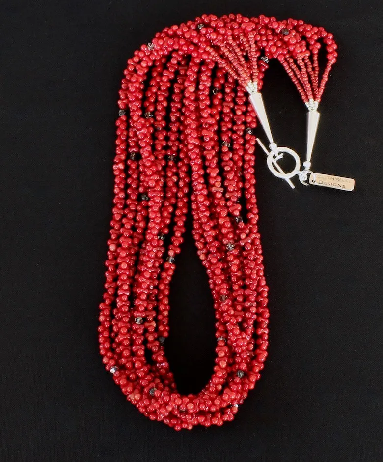 Bamboo Coral 7-Strand Necklace with Czech Glass, Red Pote Beads, and Sterling Silver Cones & Toggle Clasp