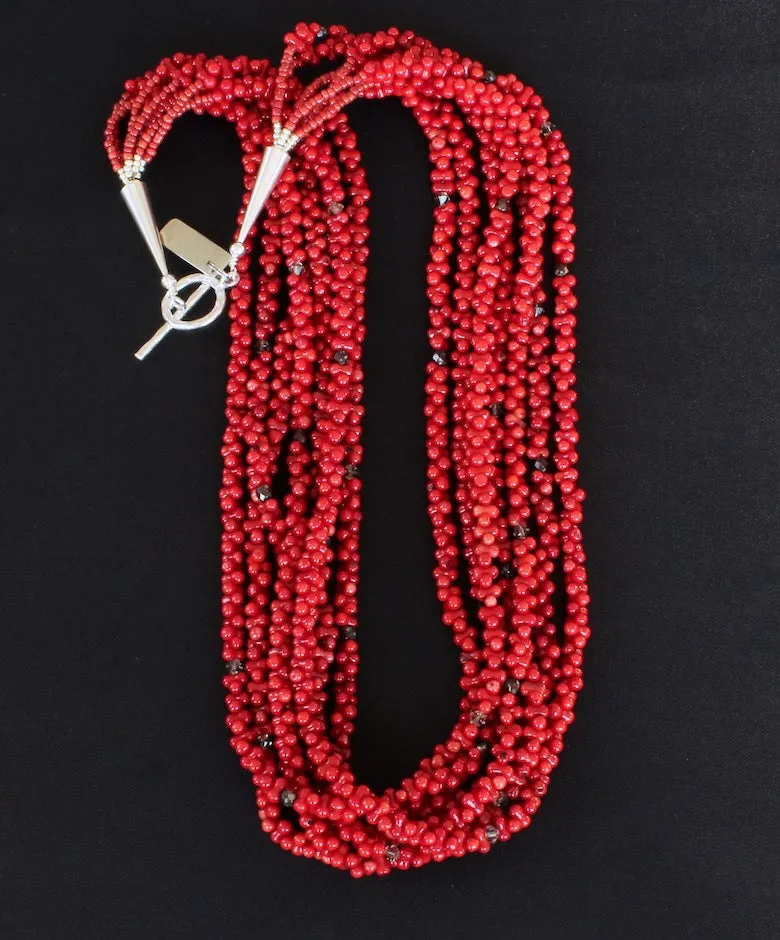 Bamboo Coral 7-Strand Necklace with Czech Glass, Red Pote Beads, and Sterling Silver Cones & Toggle Clasp