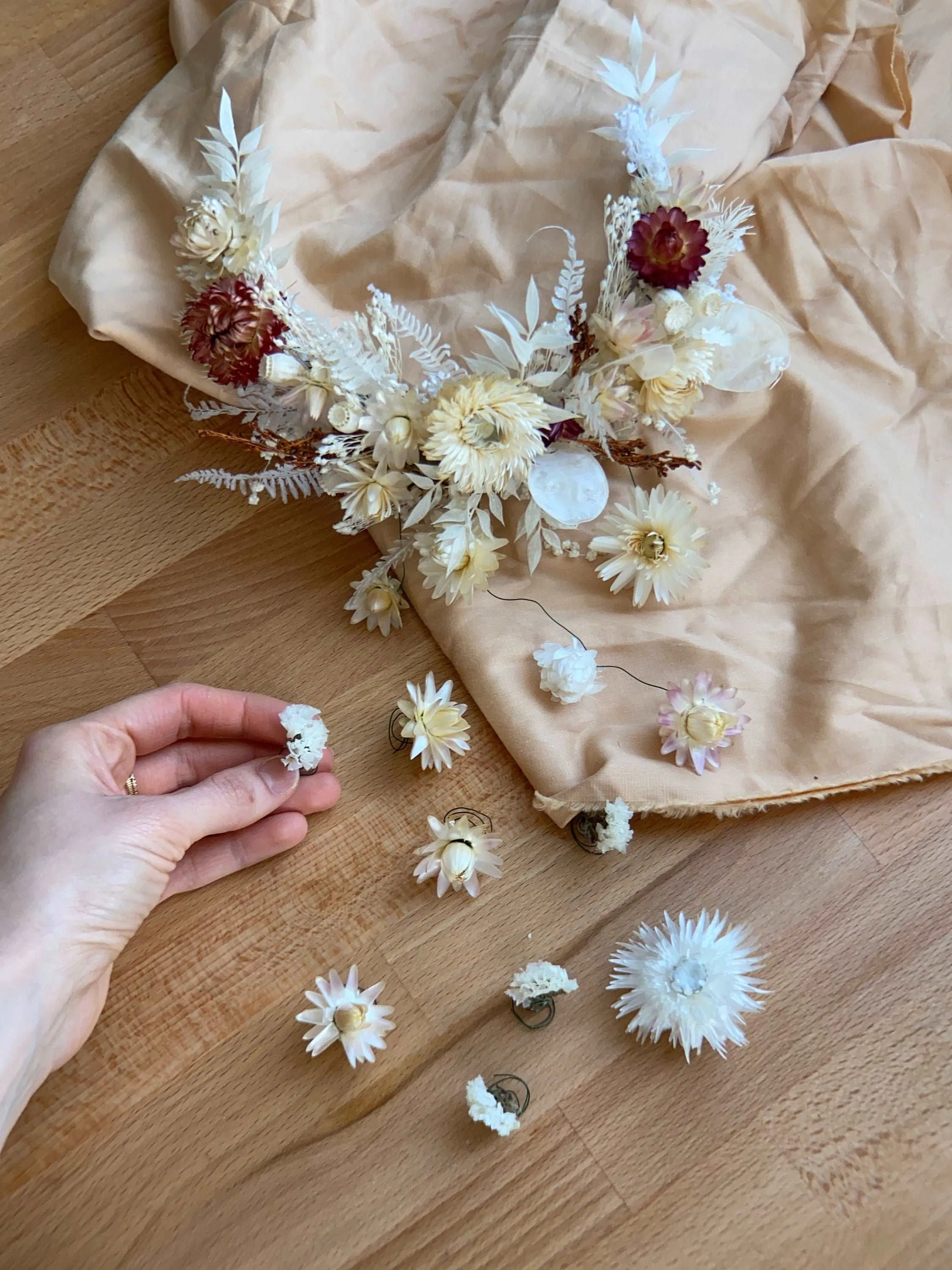 Boho Flower Comb / Pastel Red & Cream Bridal Comb