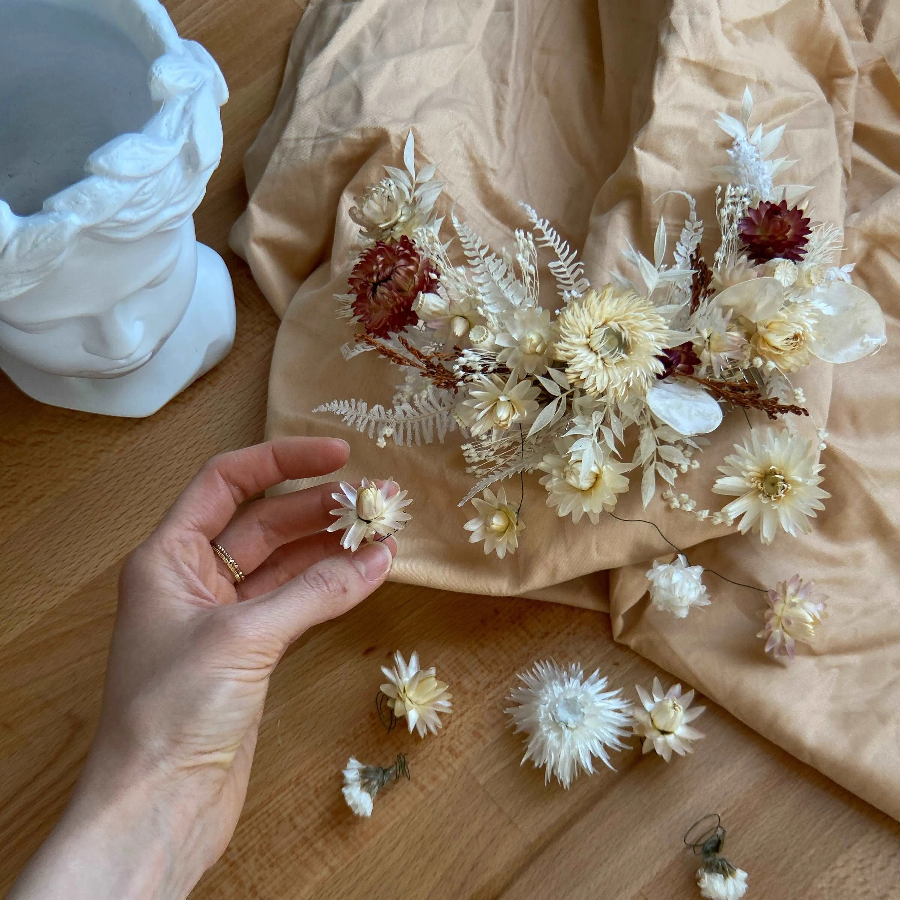 Boho Flower Comb / Pastel Red & Cream Bridal Comb