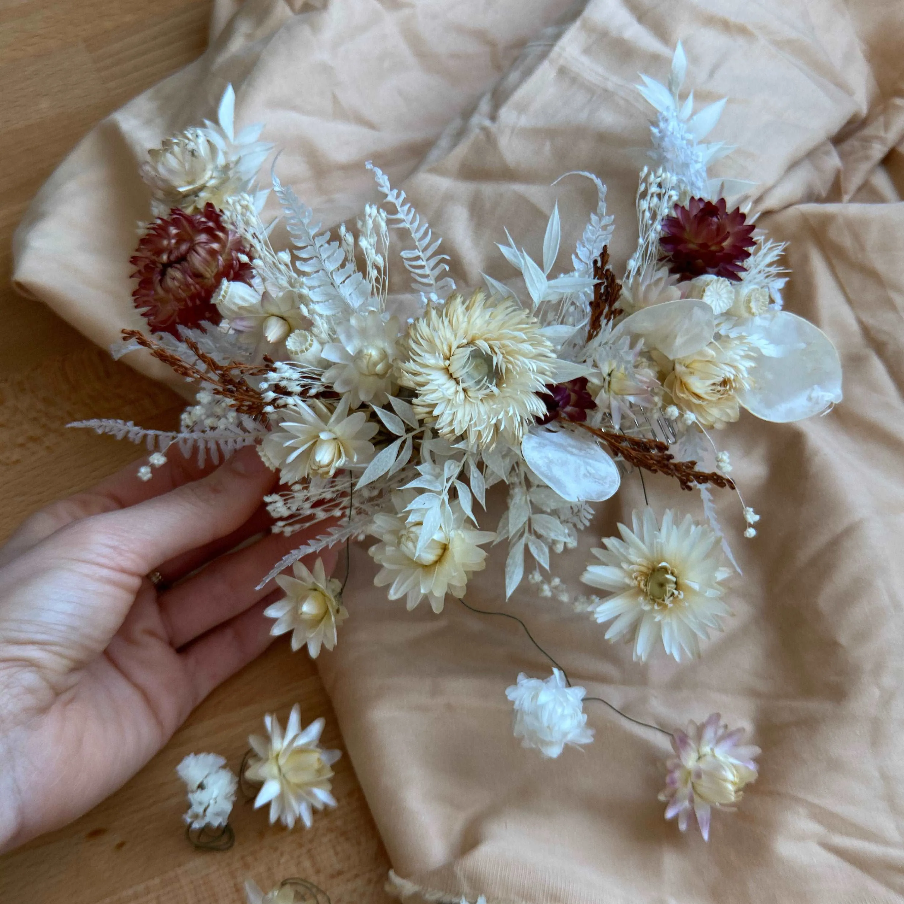 Boho Flower Comb / Pastel Red & Cream Bridal Comb