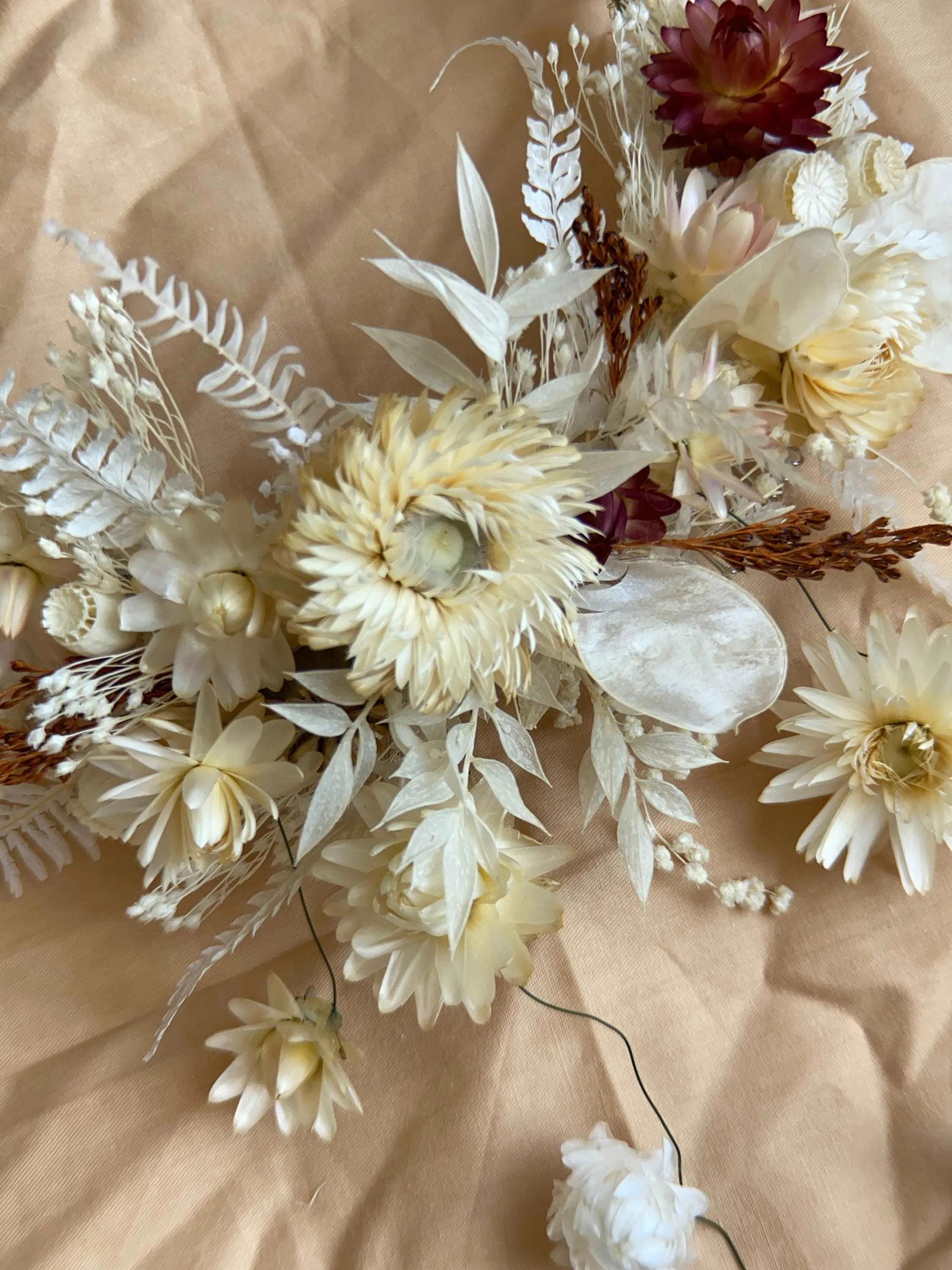 Boho Flower Comb / Pastel Red & Cream Bridal Comb