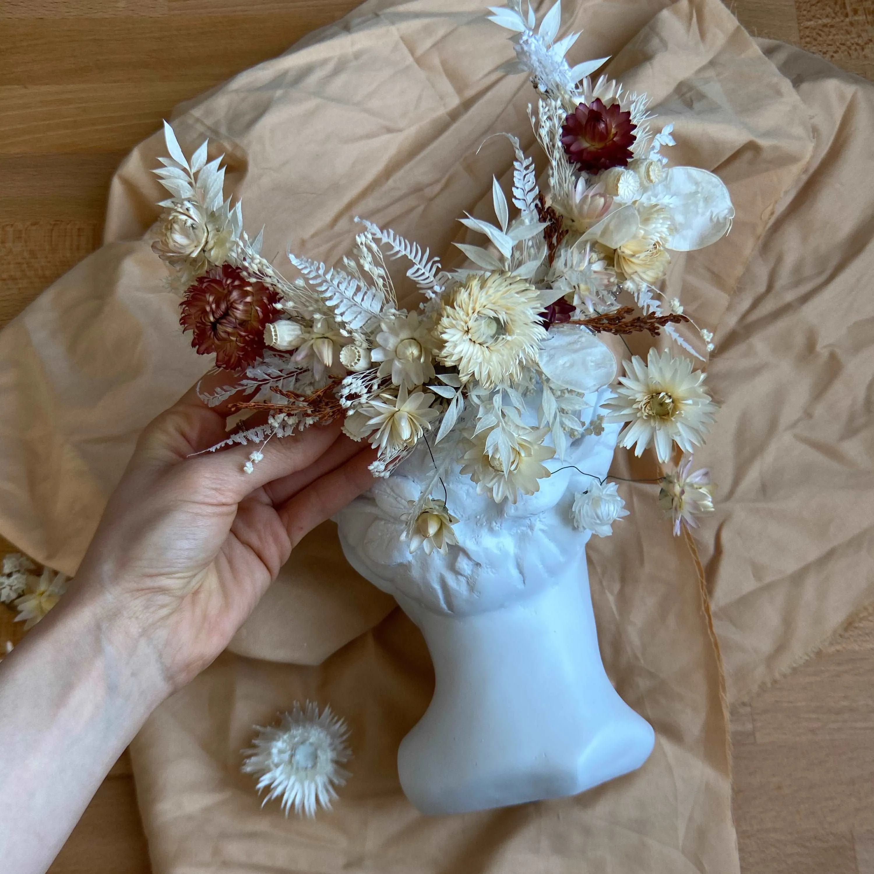 Boho Flower Comb / Pastel Red & Cream Bridal Comb