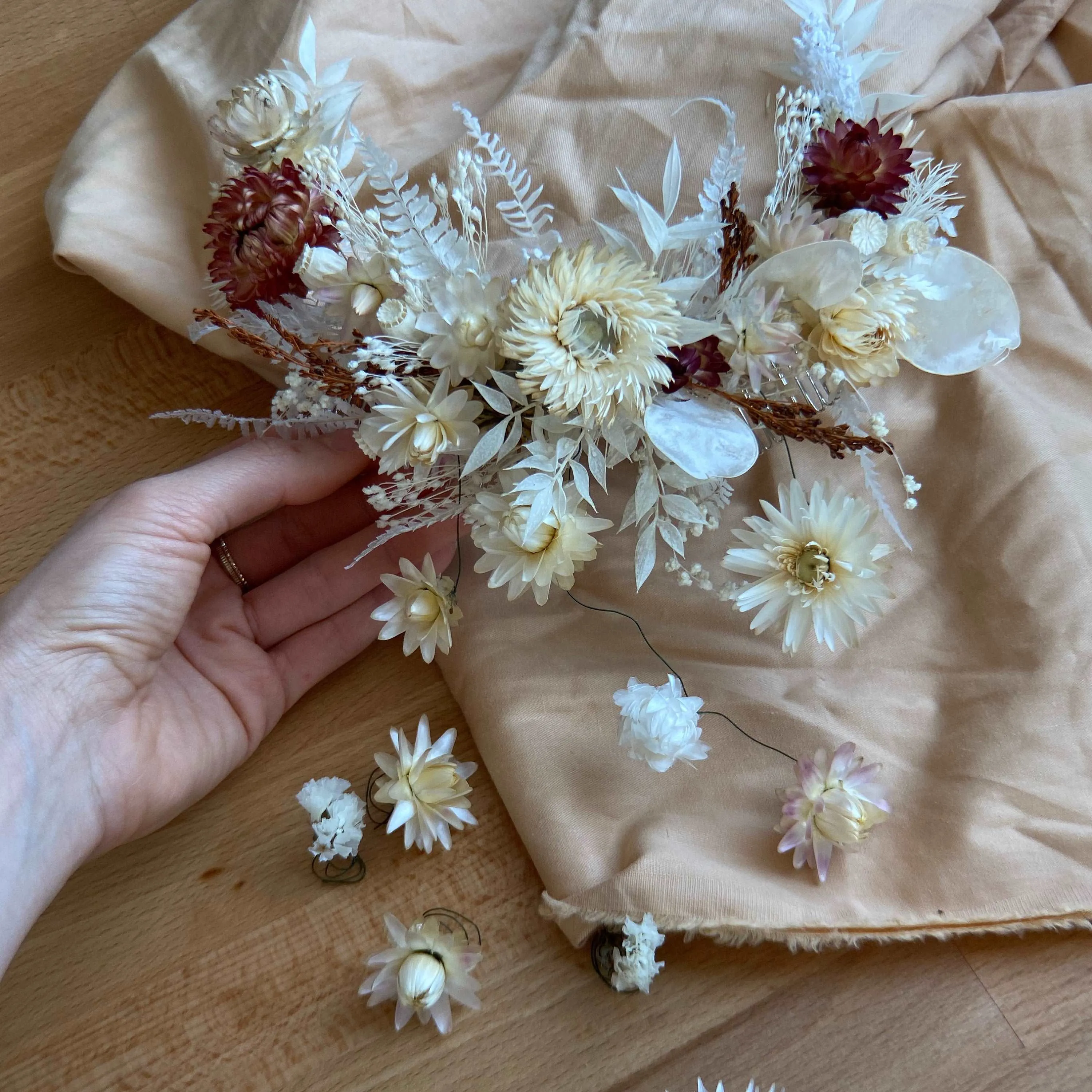 Boho Flower Comb / Pastel Red & Cream Bridal Comb