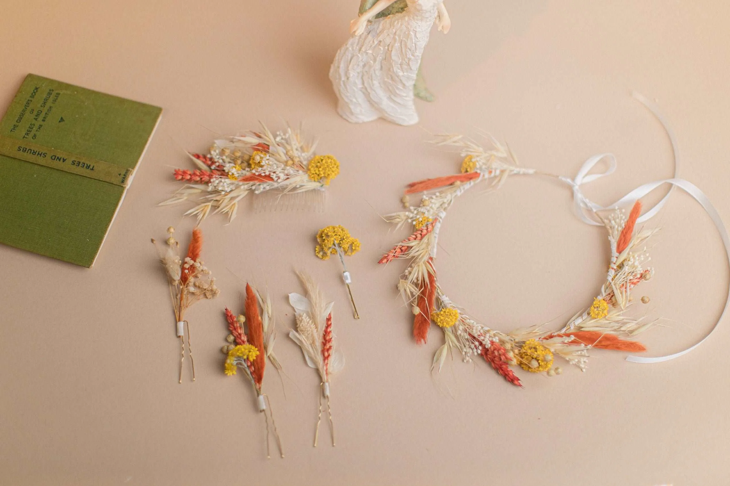 Burnt Orange & Yellow Hair Comb / Bridal Wedding Flower Set