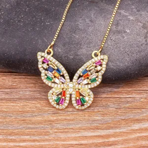 Colourful Shining Statement Butterfly Rhinestone Crystal Lucky Charm Pendant Necklace