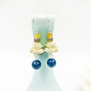 Coral Lotus Earrings with Lapis