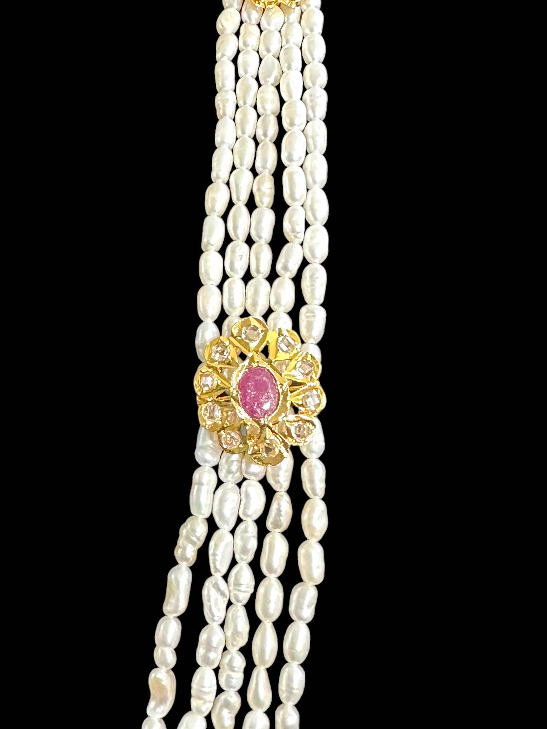 DLN34 Gold plated Rani haar in fresh water pearls and rubies ( READY TO SHIP )